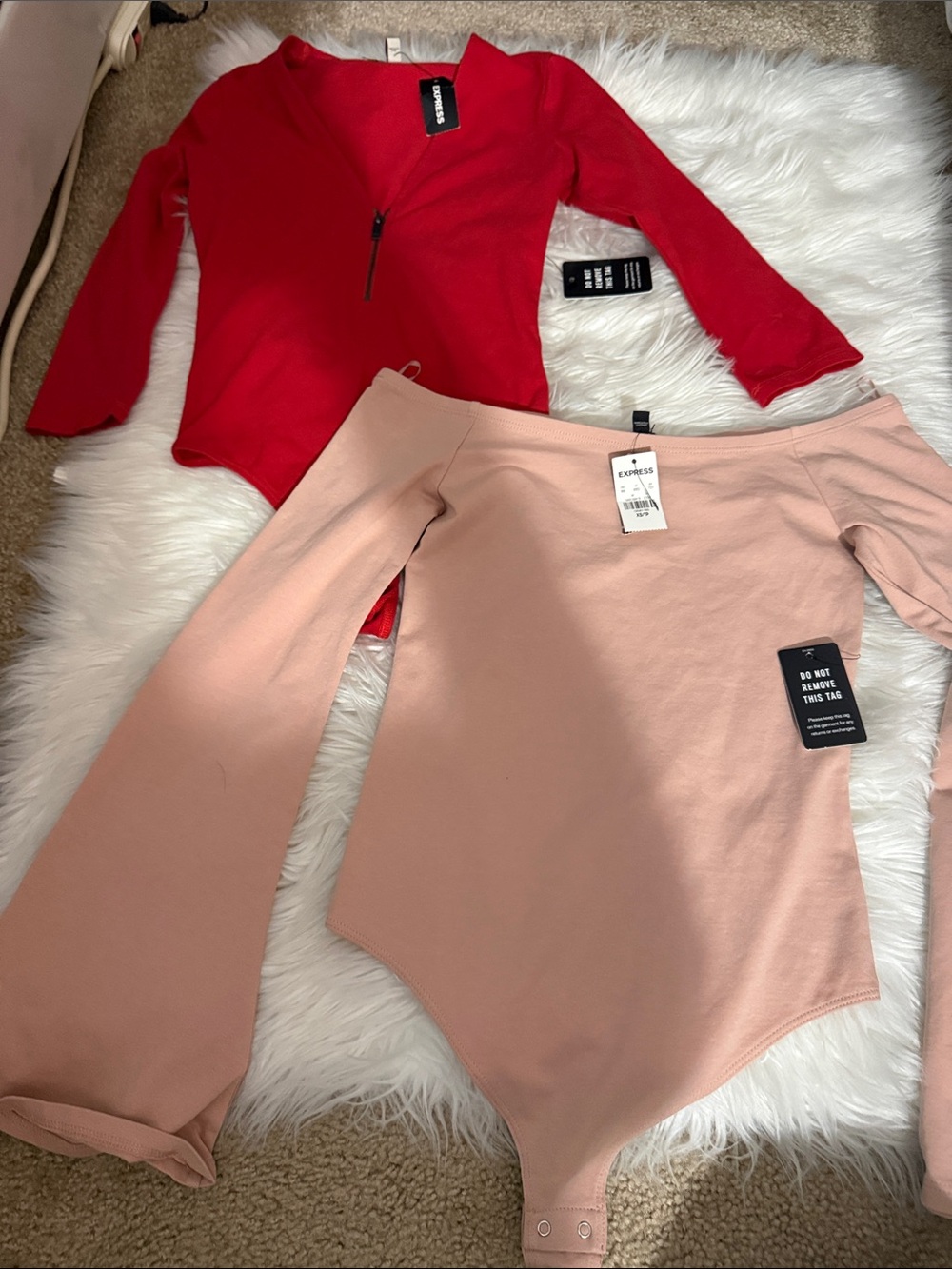 2/$25 Express Red Zip Front Bodysuit & Express Blush Pink Off-Shoulder Bodysuit